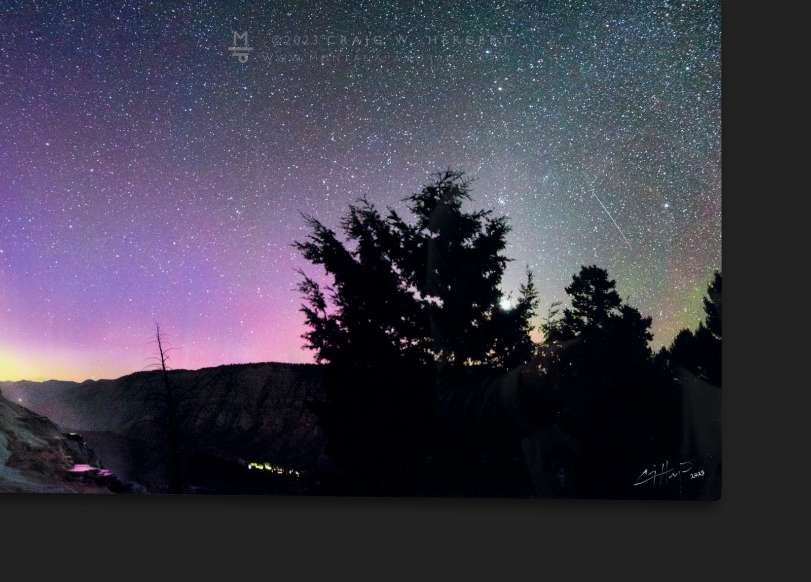 "Canary Springs under the Northern Lights" - 45x15 metal print