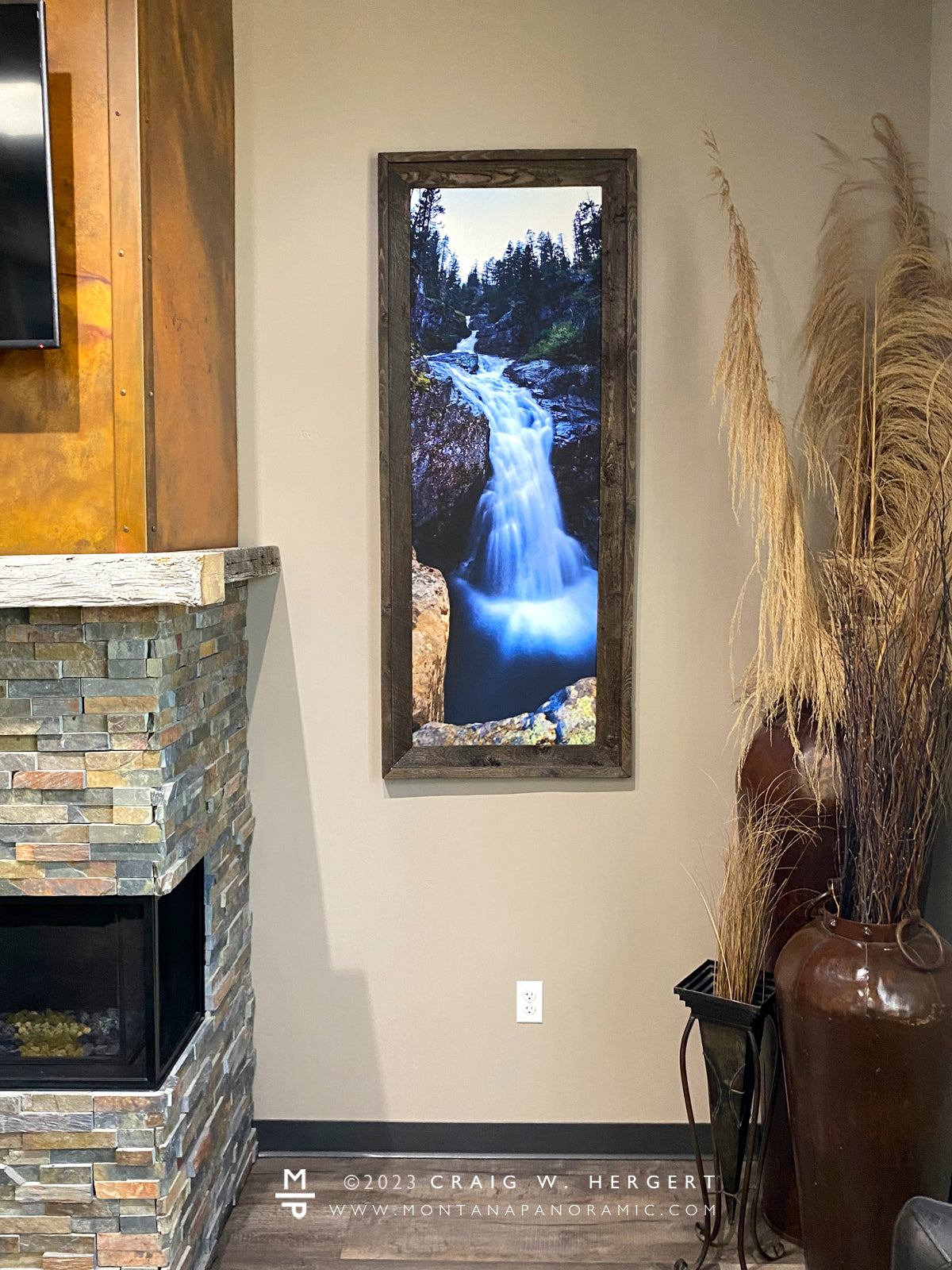 "Big Timber Falls" - 20"x60" canvas print with barn wood frame