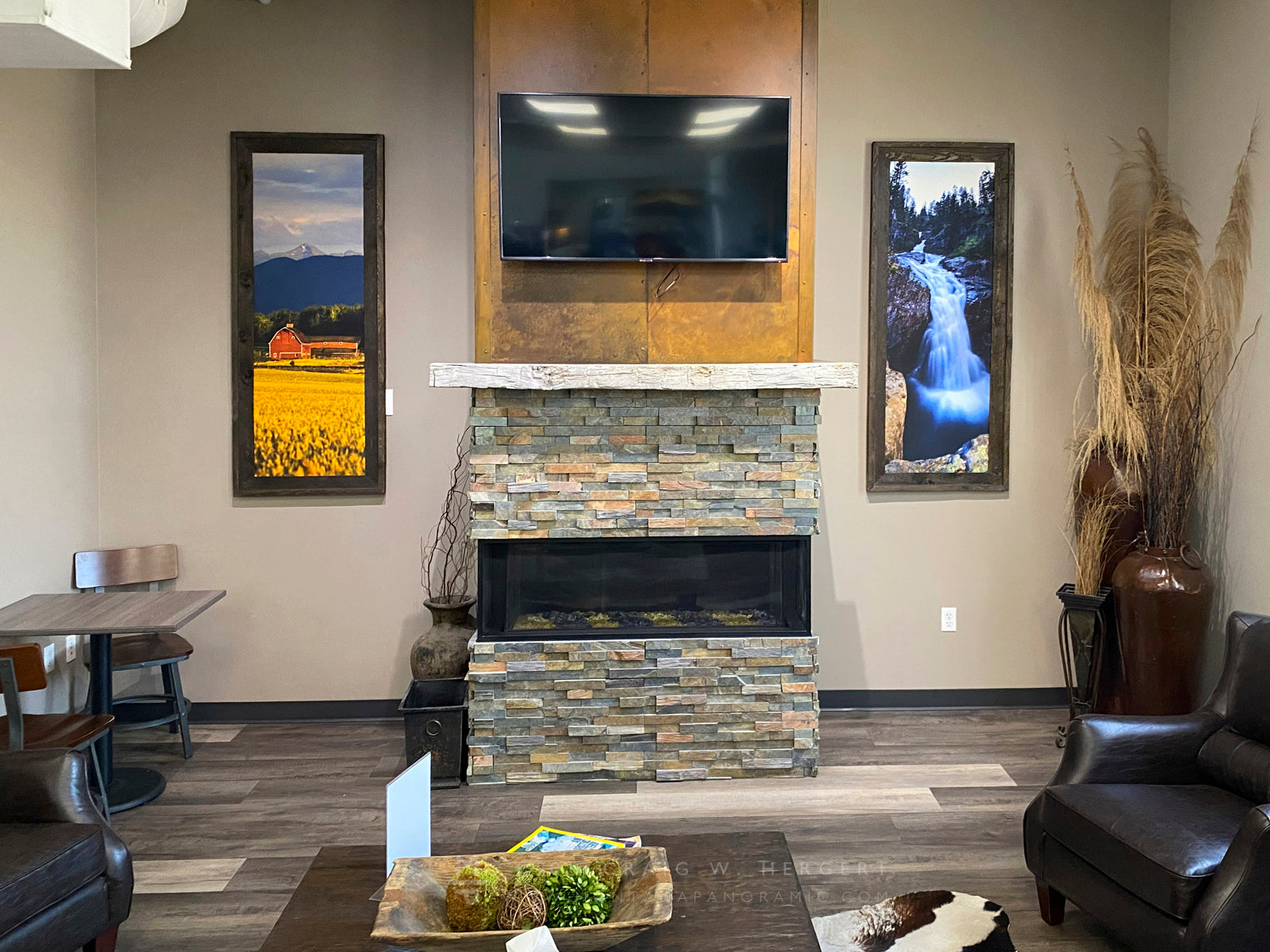 "Big Timber Falls" - 20"x60" canvas print with barn wood frame