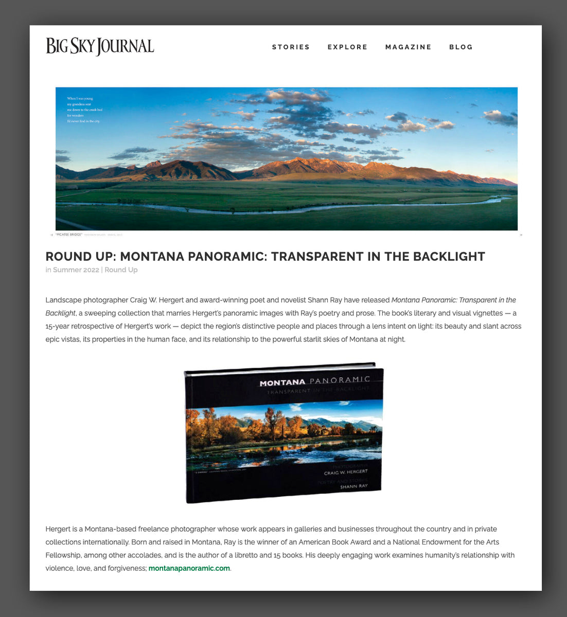 Book article published in the summer edition of the Big Sky Journal