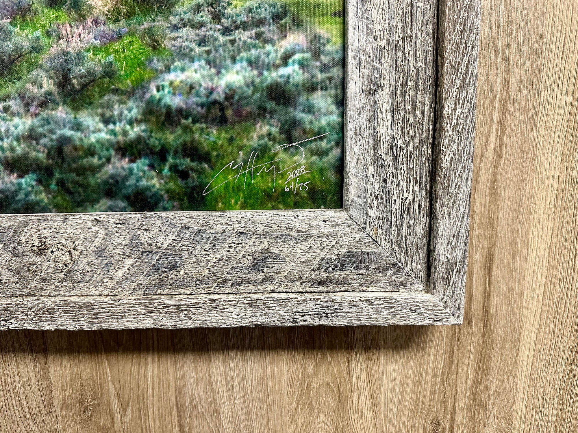 "Calving Season-Lamar" - Framed 102" x 35" Limited Edition Canvas with whitewashed barn wood frame