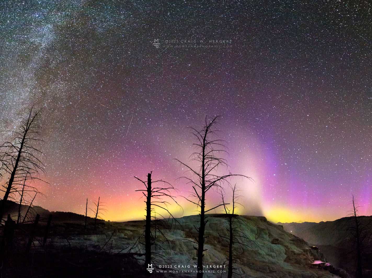 "Canary Spring under the Northern Lights" - Yellowstone National Park" (Standard Format Horizontal)