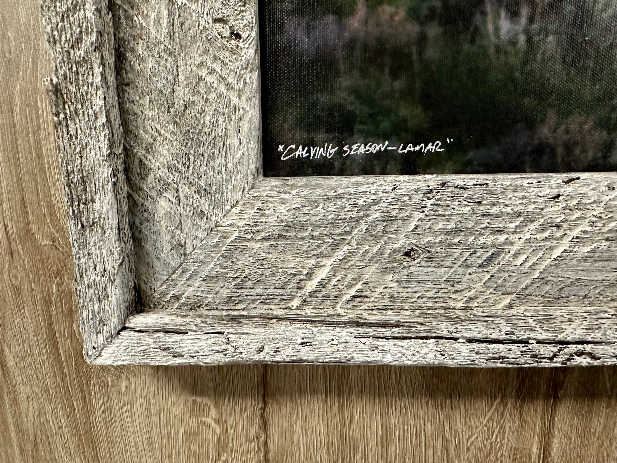 "Calving Season-Lamar" - Framed 102" x 35" Limited Edition Canvas with whitewashed barn wood frame