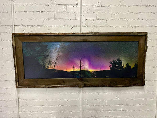 "Canary Spring under the Northern Lights" - 45x15 canvas with barn wood frame