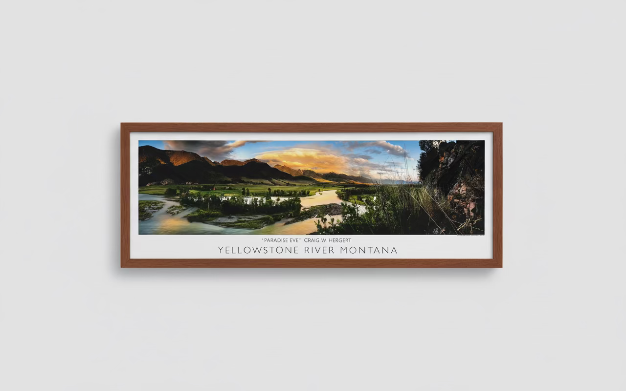 Framed panoramic landscape print of Yellowstone River, Montana on a textured gray wall.