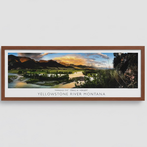 Framed panoramic landscape print of Yellowstone River, Montana on a textured gray wall.