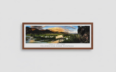Framed panoramic landscape print of Yellowstone River, Montana on a textured gray wall.