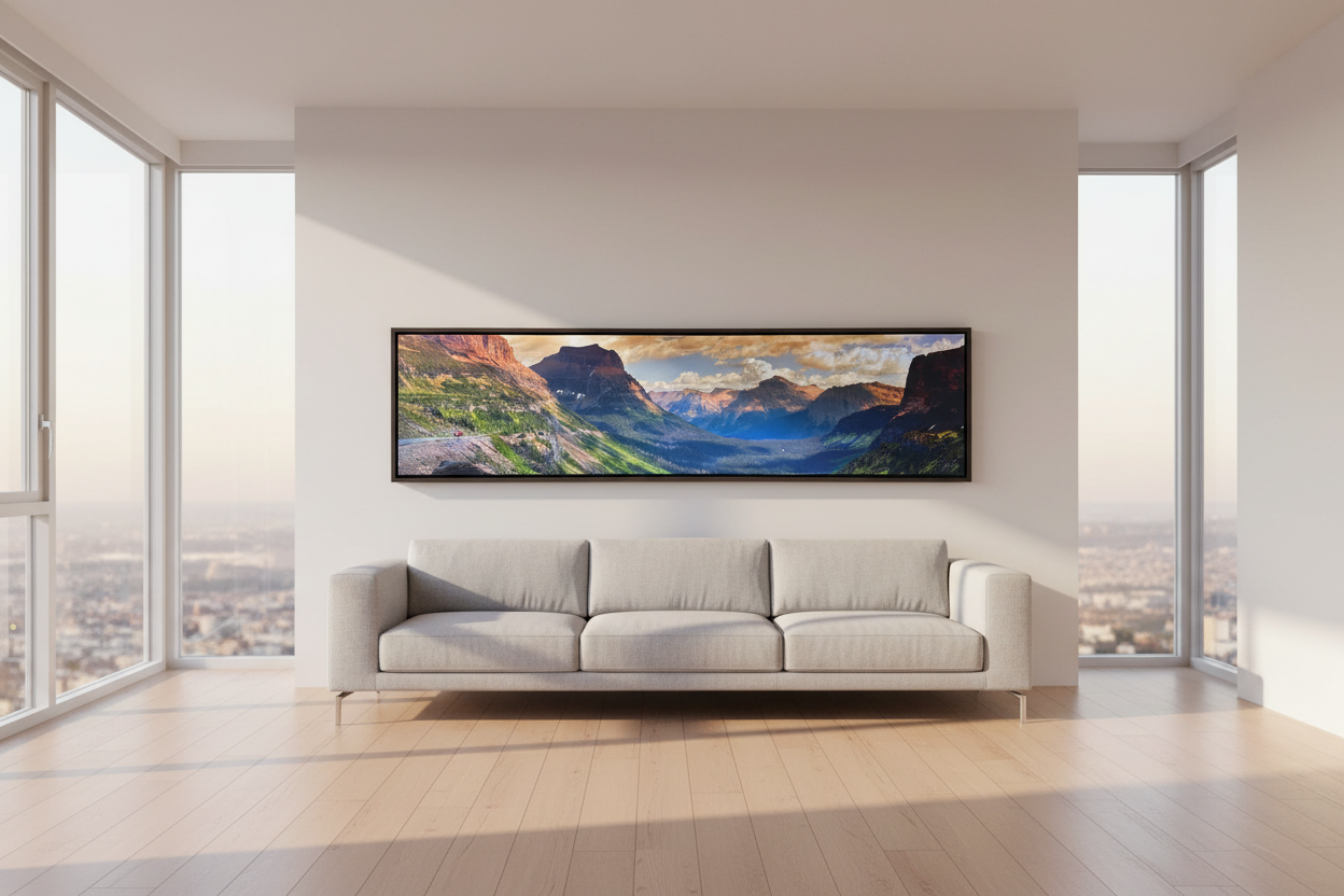 “Going to the Sun #3" 80"x20" canvas with dark walnut frame