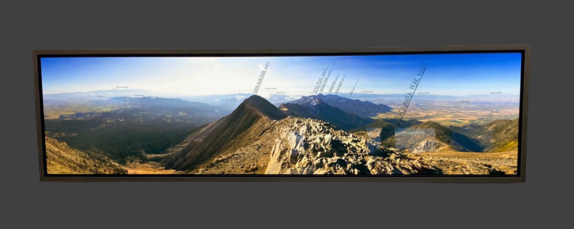 "Sacajawea Peak View - MAP" - 60x15 metal Chromaluxe print with floating frame