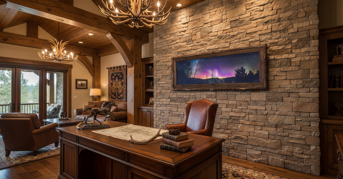 "Canary Spring under the Northern Lights" - 45x15 canvas with barn wood frame