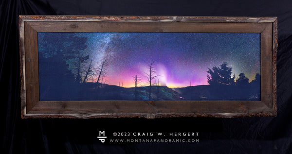 "Canary Spring under the Northern Lights" - 45x15 canvas with barn wood frame
