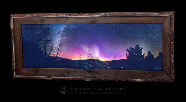 "Canary Spring under the Northern Lights" - 45x15 canvas with barn wood frame