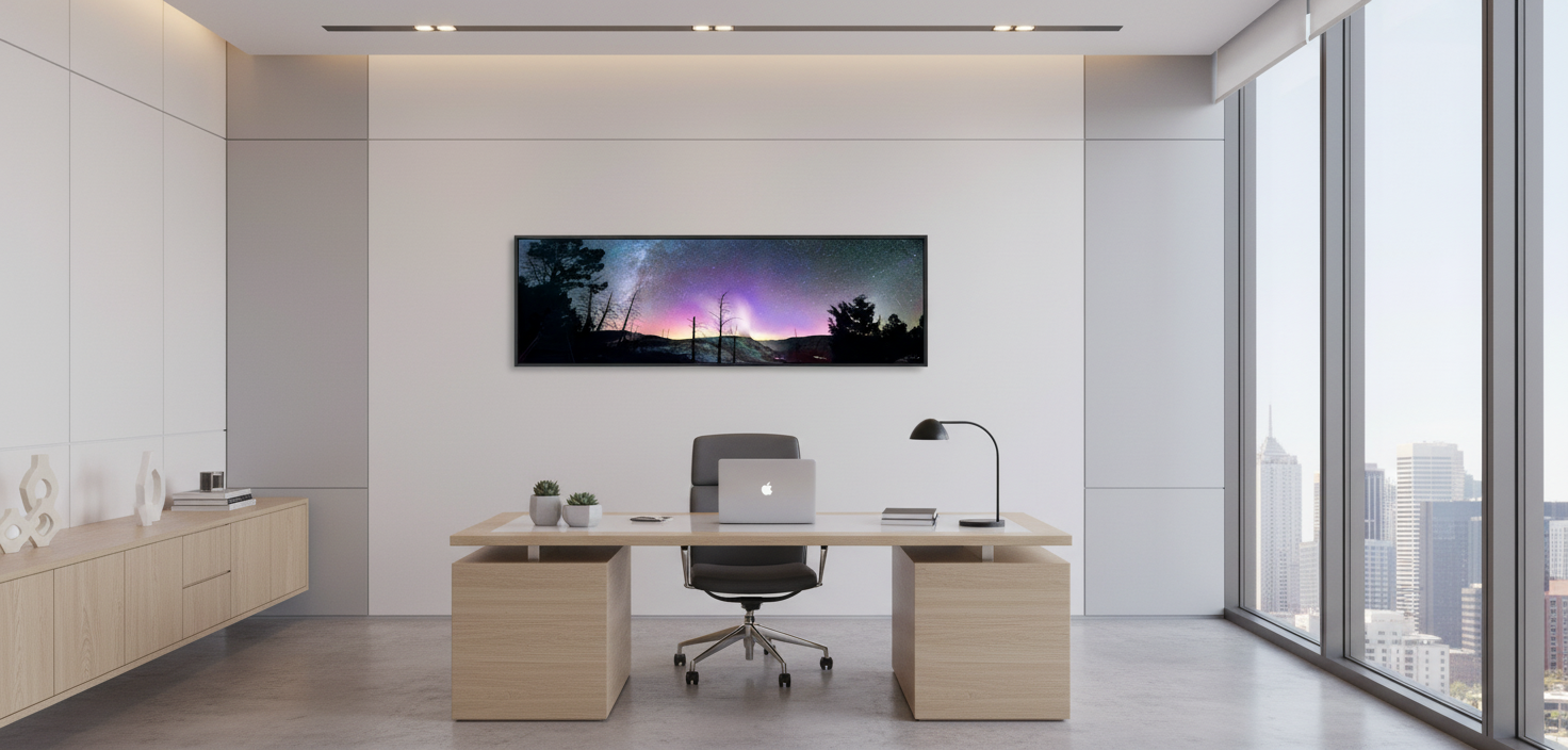"Canary Springs under the Northern Lights" - 45x15 metal print