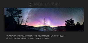 "Canary Springs under the Northern Lights" - 45x15 metal print