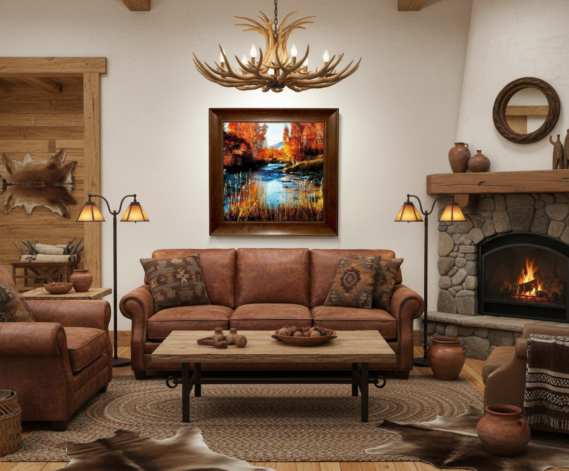 Cozy living room with brown leather sofa, fireplace, and decorative elements.