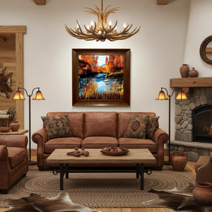 Cozy living room with brown leather sofa, fireplace, and decorative elements.