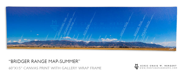 "Bridger Range Map-Summer" Ready to hang - 60"x15" canvas print with gallery wrap frame