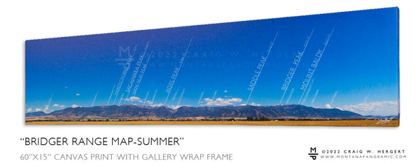 "Bridger Range Map-Summer" Ready to hang - 60"x15" canvas print with gallery wrap frame