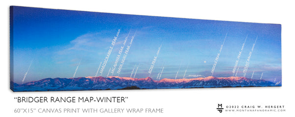 "Bridger Range Map-Winter" Ready to hang - 60"x15" canvas print with gallery wrap frame